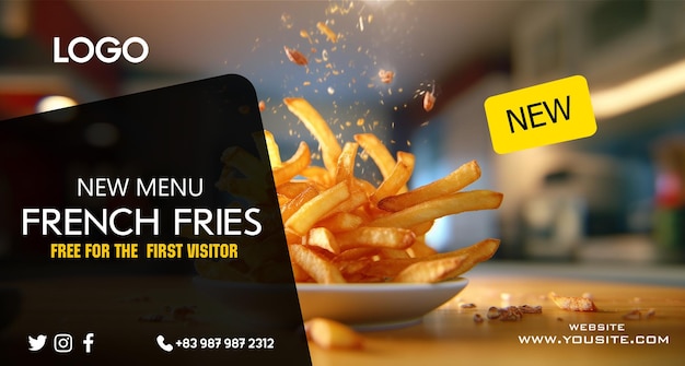 PSD een restaurantmenu voor friet met een geel bord met de tekst 'geen menu'