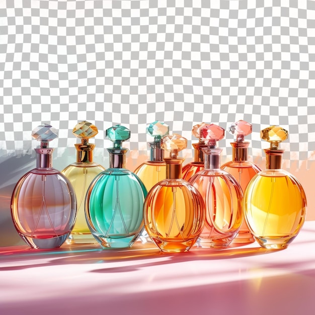 Een rij kleurrijke flessen met verschillende kleuren parfum staan op een tafel.