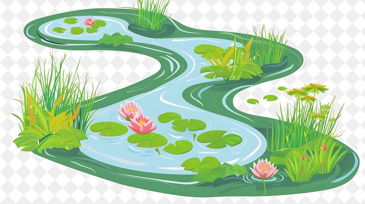 PSD een rivier met waterlelies en bloemen