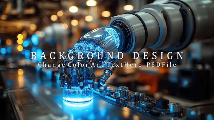 PSD een robothand die een gloeiend object manipuleert in een futuristisch ind