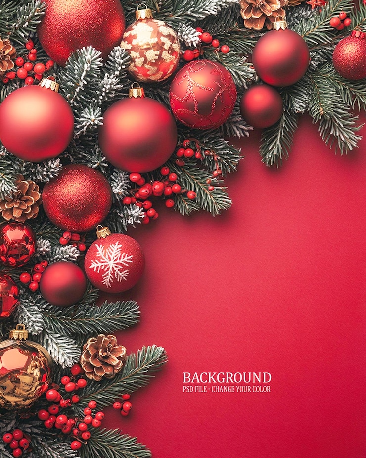 PSD een rode achtergrond met een kerstboom en decoraties