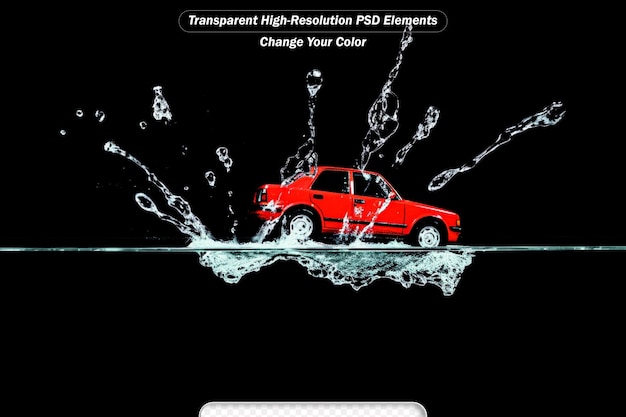PSD een rode auto raakt het water op een zwarte achtergrond.