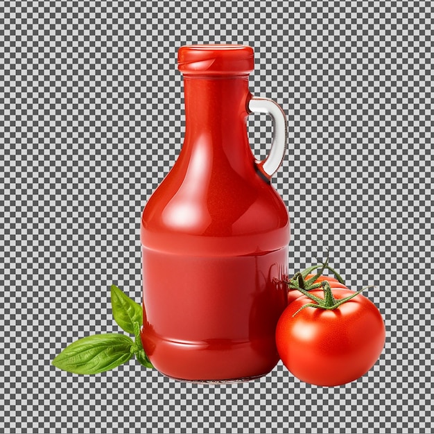 PSD een rode fles tomatensap naast een tomat