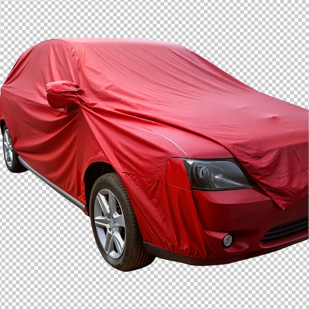Een rode stof die een auto bedekt op een doorzichtige achtergrond