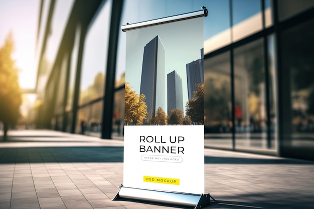 Een roll-up banner op een straat in de stad