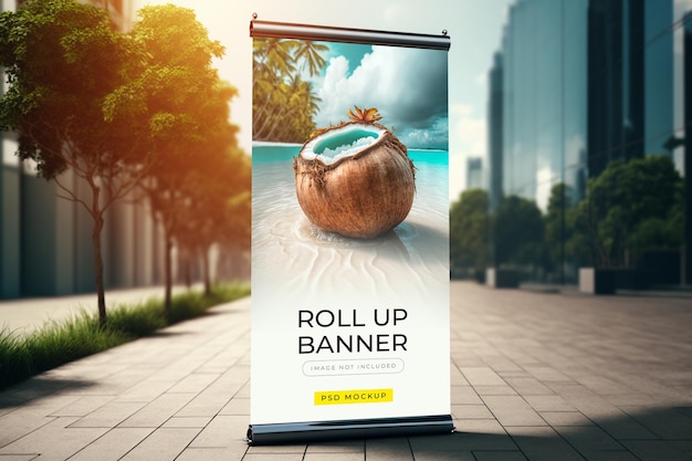 Een roll-up banner op een straat in de stad