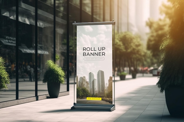 Een roll-up banner op een straat in de stad