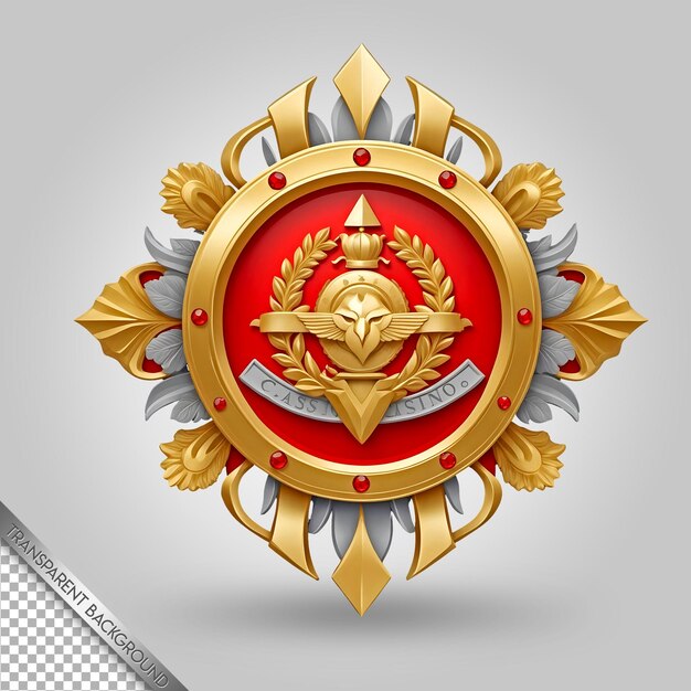 PSD een rood en goud logo met een zilveren embleem erop