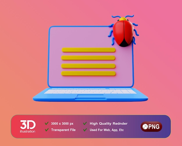 Een roze en paarse laptop met een bug op het scherm