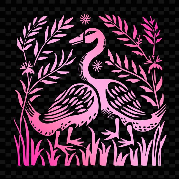 PSD een roze flamingo met roze en paarse bloemen op een zwarte achtergrond