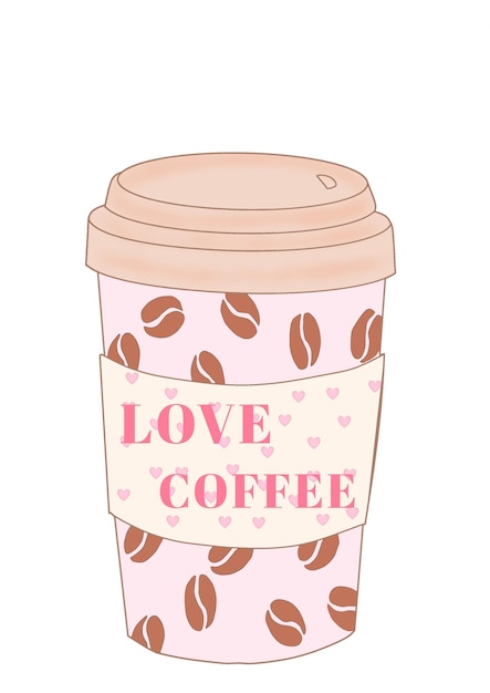een roze koffiekop met koffiebonen erop