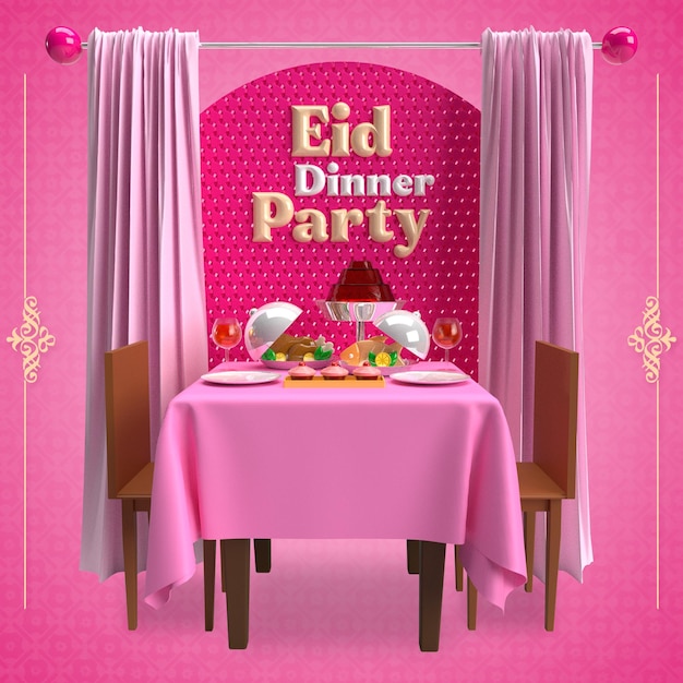 Een roze tafel met een roze stoel en een roze tafel met eten erop.