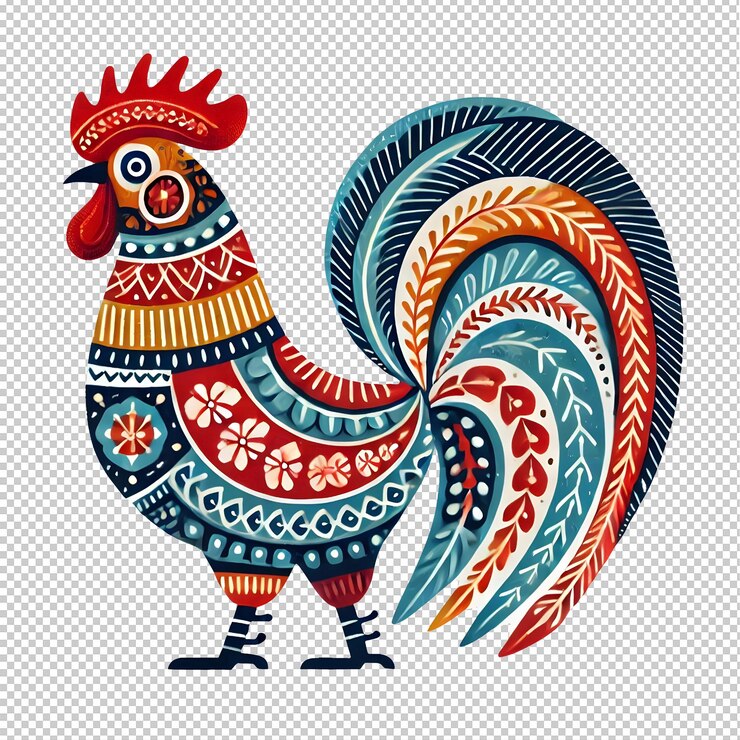 PSD een scandinavische illustratie van een haan met een kleurrijke staart