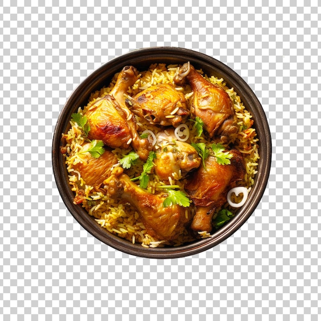 PSD een schaal biryani met kipstukken op een doorzichtige achtergrond.