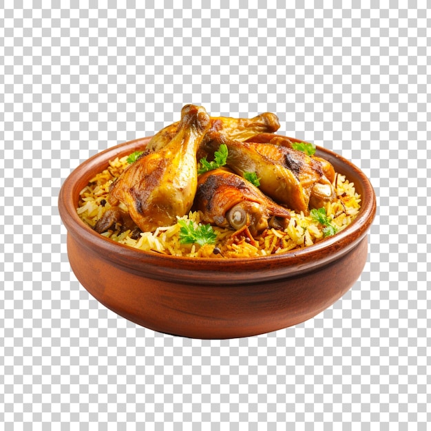 PSD een schaal biryani met kipstukken op een doorzichtige achtergrond.