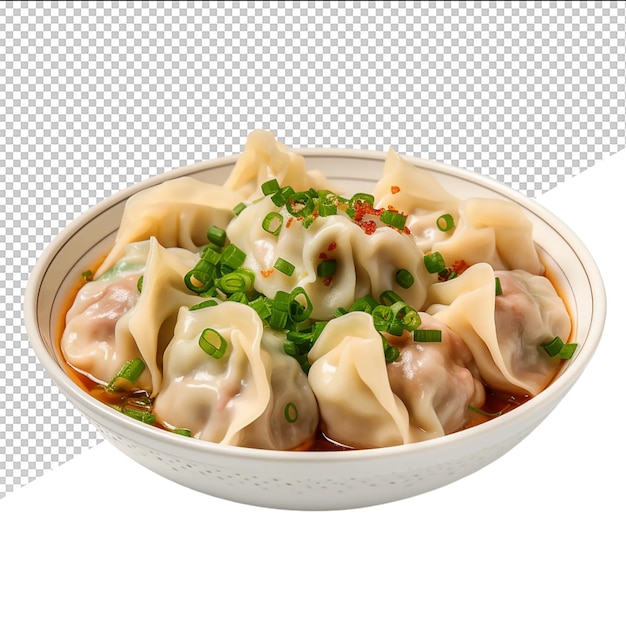 PSD een schaal dumplings met een witte schaal noedels en uien