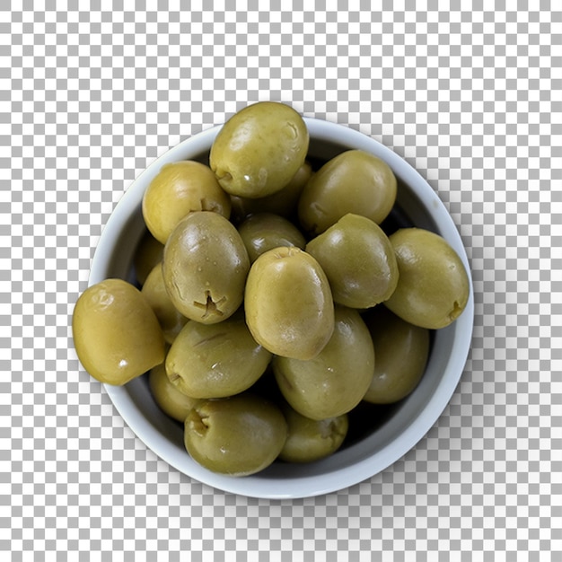 Een schaal met groene olijven met hun glanzende textuur en natuurlijke kleur, ideaal voor snacks of culinair gebruik