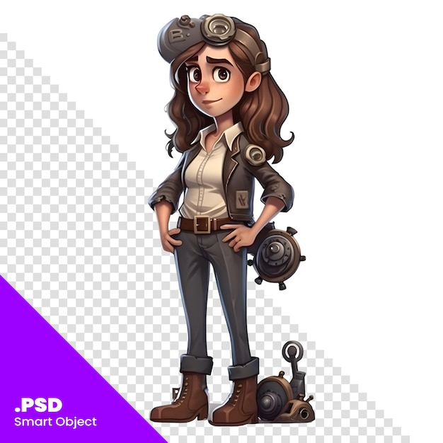 PSD een schattig cartoonmeisje in een steampunk-kostuum vector illustratie psd-sjabloon