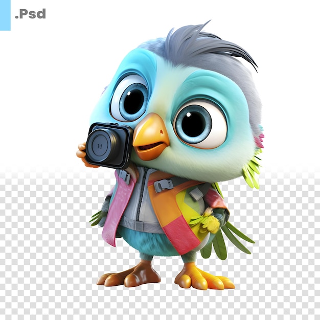 PSD een schattige cartoonvogel met een camera op zijn schouder witte achtergrond psd-sjabloon