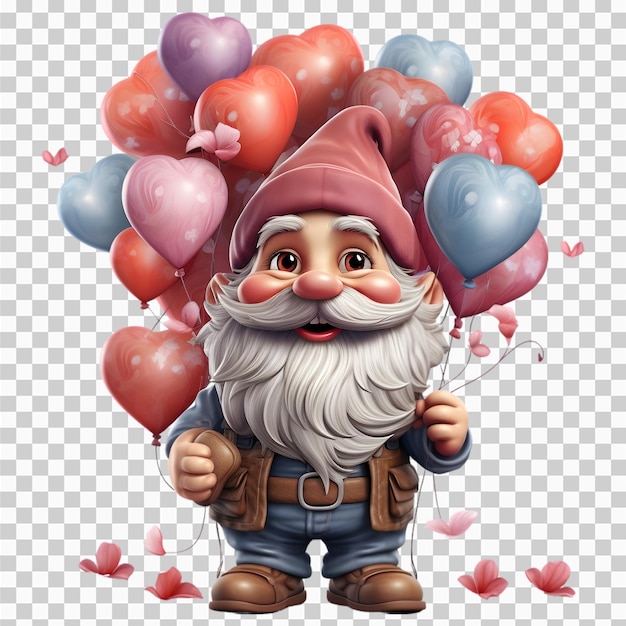 PSD een schattige gnome met een versierd hart met ballonnen romantische digitale airbrush transparent png