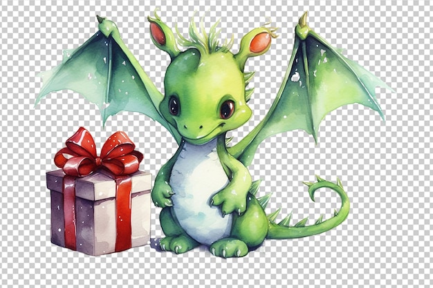 PSD een schattige groene draak met een geschenk.
