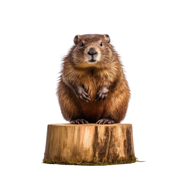 PSD een schattige marmot op een houten boomstronk in een natuurlijke omgeving. transparante generatieve ai