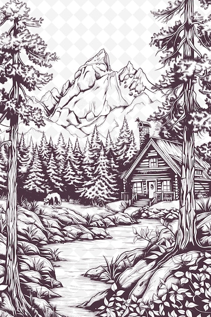 een schets van een hut in het bos