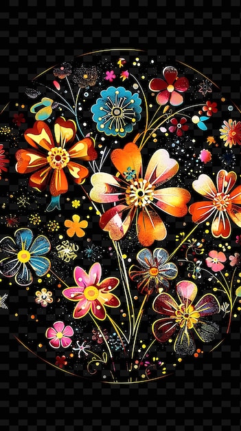 Een schilderij van bloemen met verschillende kleuren en vormen