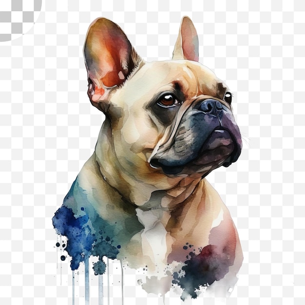 Een schilderij van een franse bulldog met een blauwe en witte achtergrond.