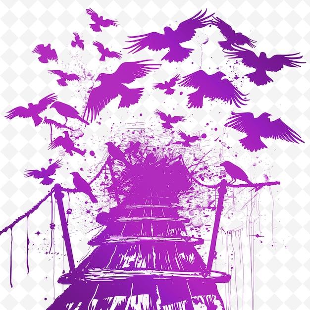 PSD een schilderij van een tempel met vogels die in de lucht vliegen