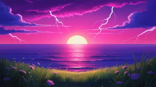 Een schilderij van een zonsondergang met een roze zonsondergang op de achtergrond