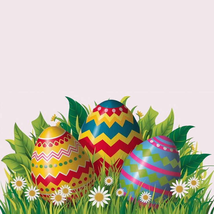 PSD een schilderij van paaseieren in het gras met madeliefjes