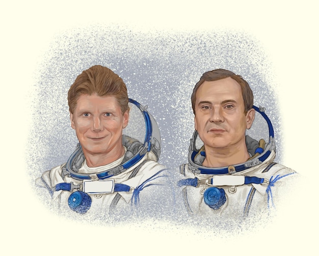 Een schilderij van twee astronauten uit het ruimtestation