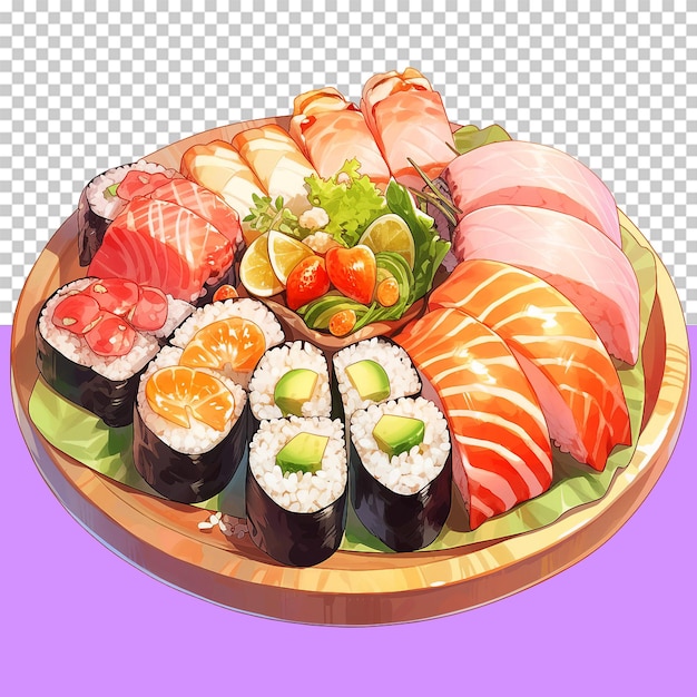 Een schotel sushi met verschillende soorten geïsoleerde voorwerpen op een doorzichtige achtergrond