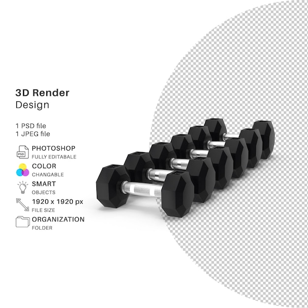 PSD een set dumbbells met het tekst 3d renderr-ontwerp.