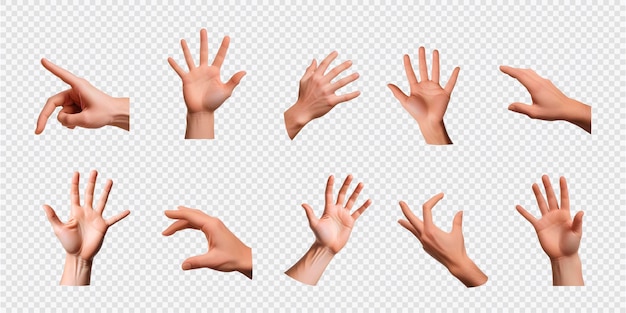 een set menselijke hand met verschillende gebaren op een transparante achtergrond