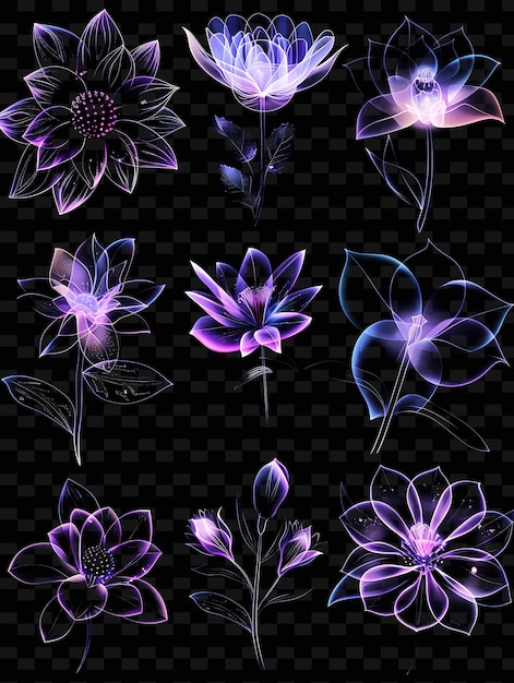 PSD een set paarse bloemen met paarse bloemetjes en bladeren