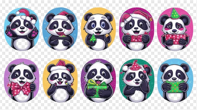 Een set panda's met een hoed en een sjaal met panda's erop