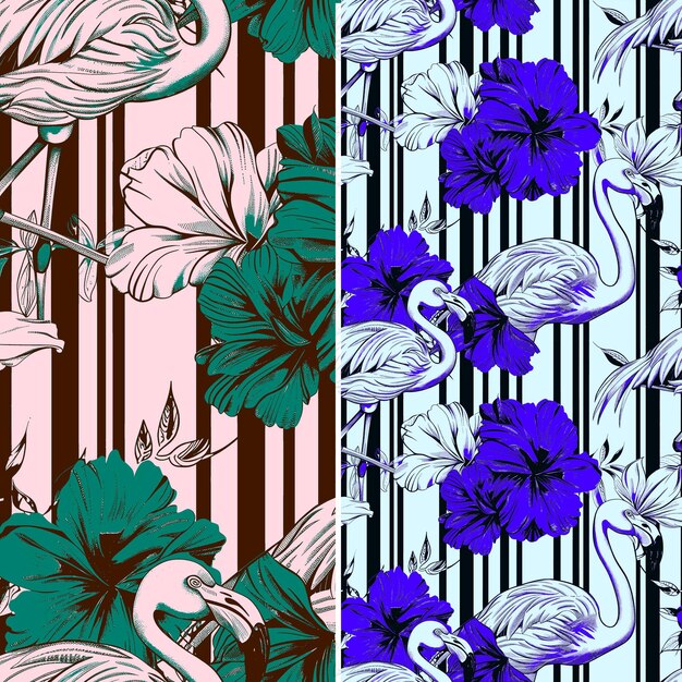 PSD een set roze en blauwe bloemen met witte vogels en bloemen