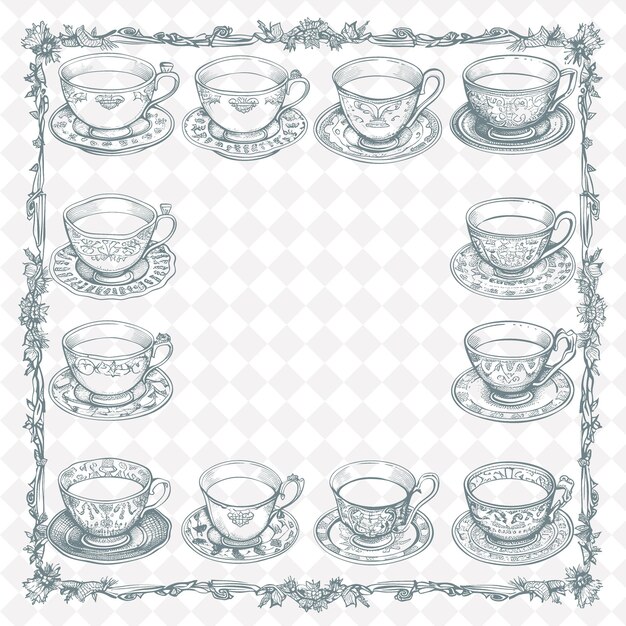 Een set theekopjes en theekoppen met de woorden thee thee erop