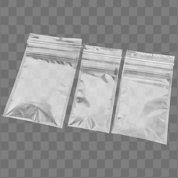 Een set van drie doorzichtige zip-lock plastic zakken geïsoleerd op een doorzichtige achtergrond