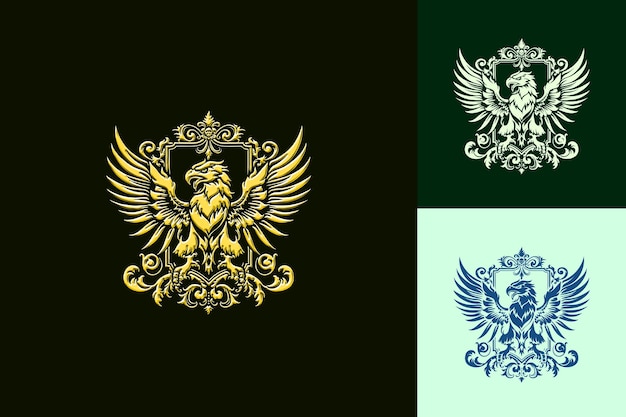 PSD een set van drie gouden en groene illustraties met een groene achtergrond met een gouden adelaar aan de linkerkant