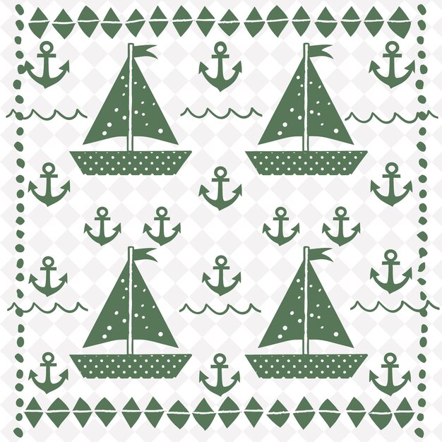 PSD een set zeilboten en een groen en wit patroon met een groene en witte zeilboot op een groene achtergrond