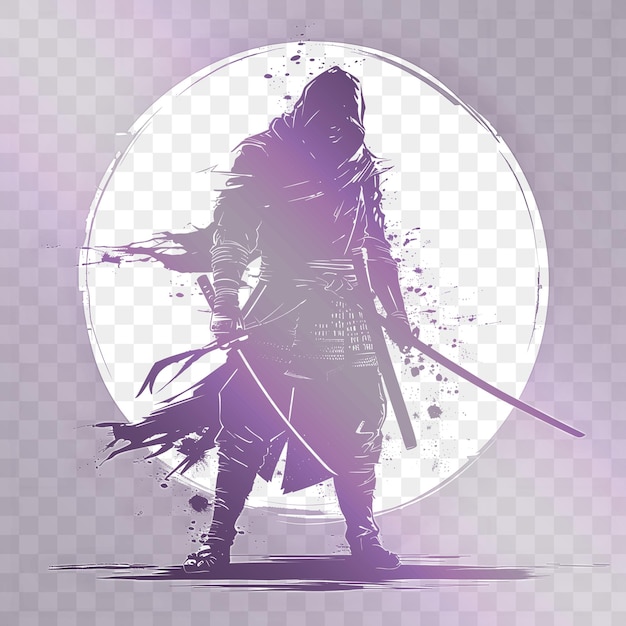 Een silhouet van een krijger met een paarse maan op de achtergrond