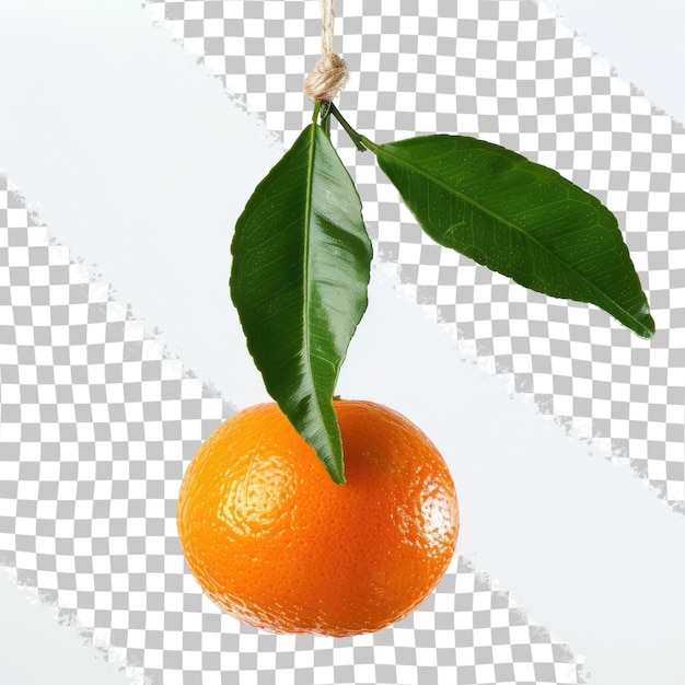 PSD een sinaasappel met een blad er aan hangt aan een touwtje