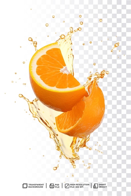 PSD een sinaasappelplons met sap en jus d'orange op een transparante achtergrond