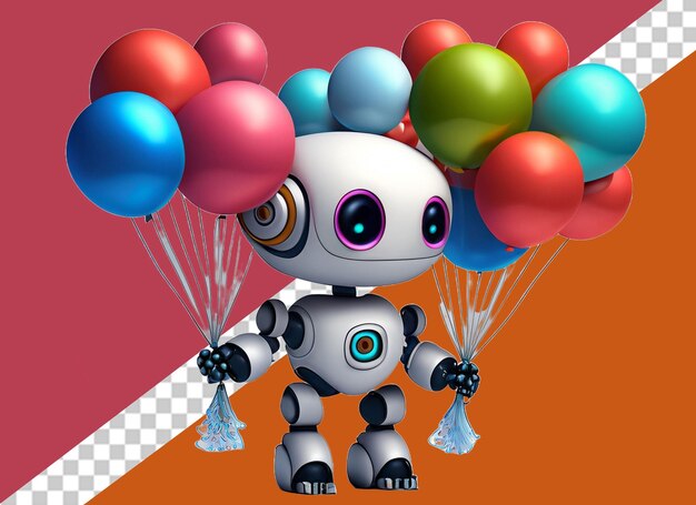 Een speelgoedrobot met drie ballonnen in zijn hand