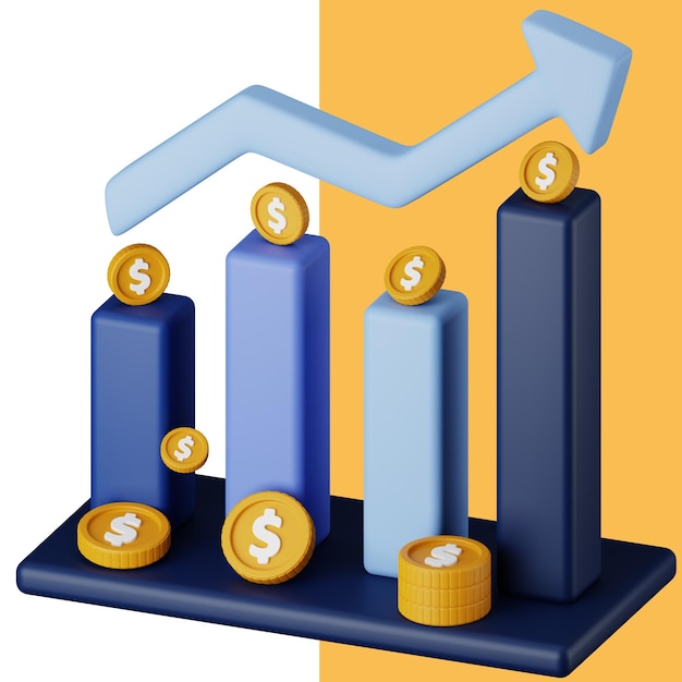 PSD een staafdiagram met een blauwe pijl die omhoog wijst en een teken met de tekst dollar.
