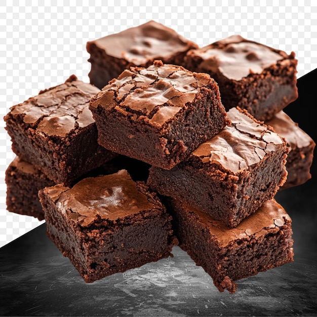 Een stapel brownies met chocolade erop.