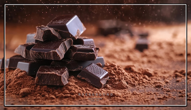 PSD een stapel donkere chocolade vierkanten op een bed van cacao poeder
